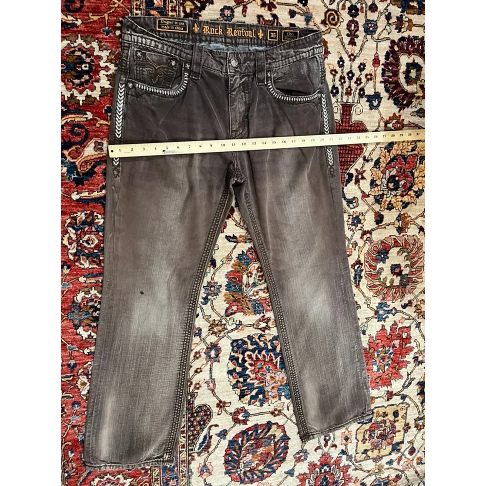 Rock Revival Dan Straight Men’s Jeans Size 36 Brown Distressed Contrast Stitchin